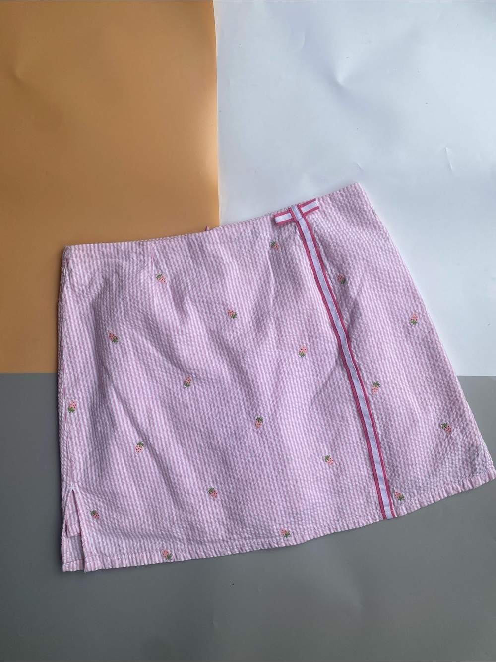 Light Pink Strawberry Embroidered Seersucker Skort with Contrast Stripe